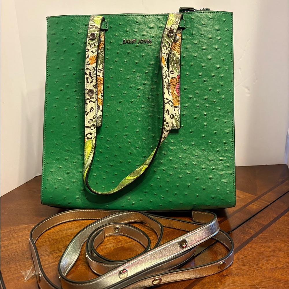 Sassy Jones Carmen Green Tote with silver exchangeable Straps
